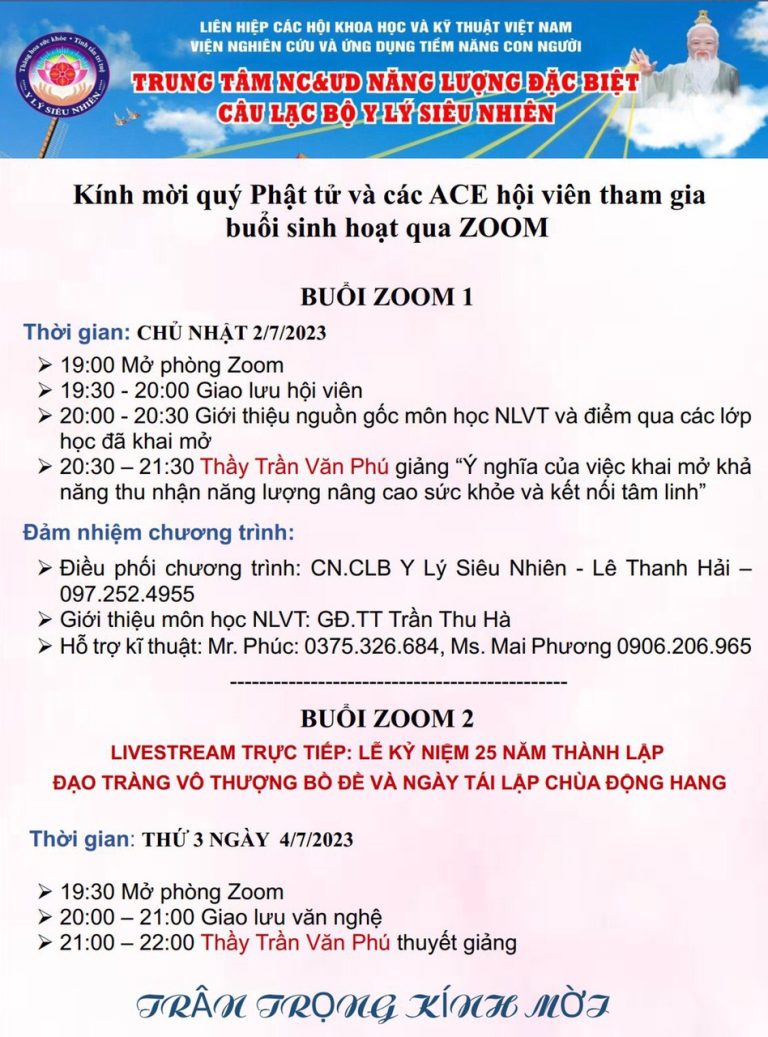 Thông Báo! Lịch Zoom nhân dịp Kỷ niệm 25 năm ngày Tái Lập Chùa Động Hang.